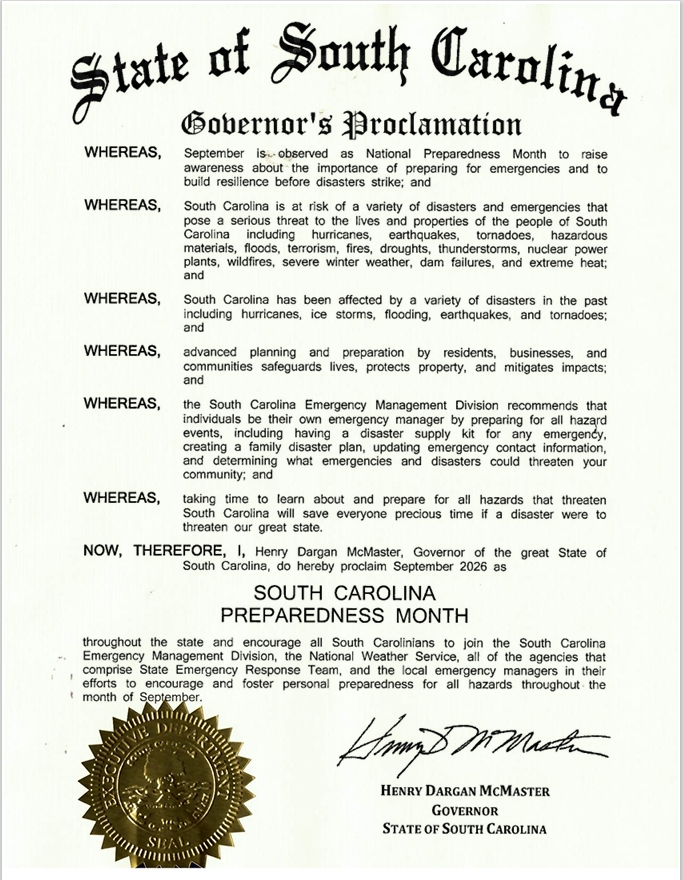 Governor Henry McMaster's proclamation declaring September 20-26, 2026 as South Carolina Community Emergency Response Team (CERT) Week