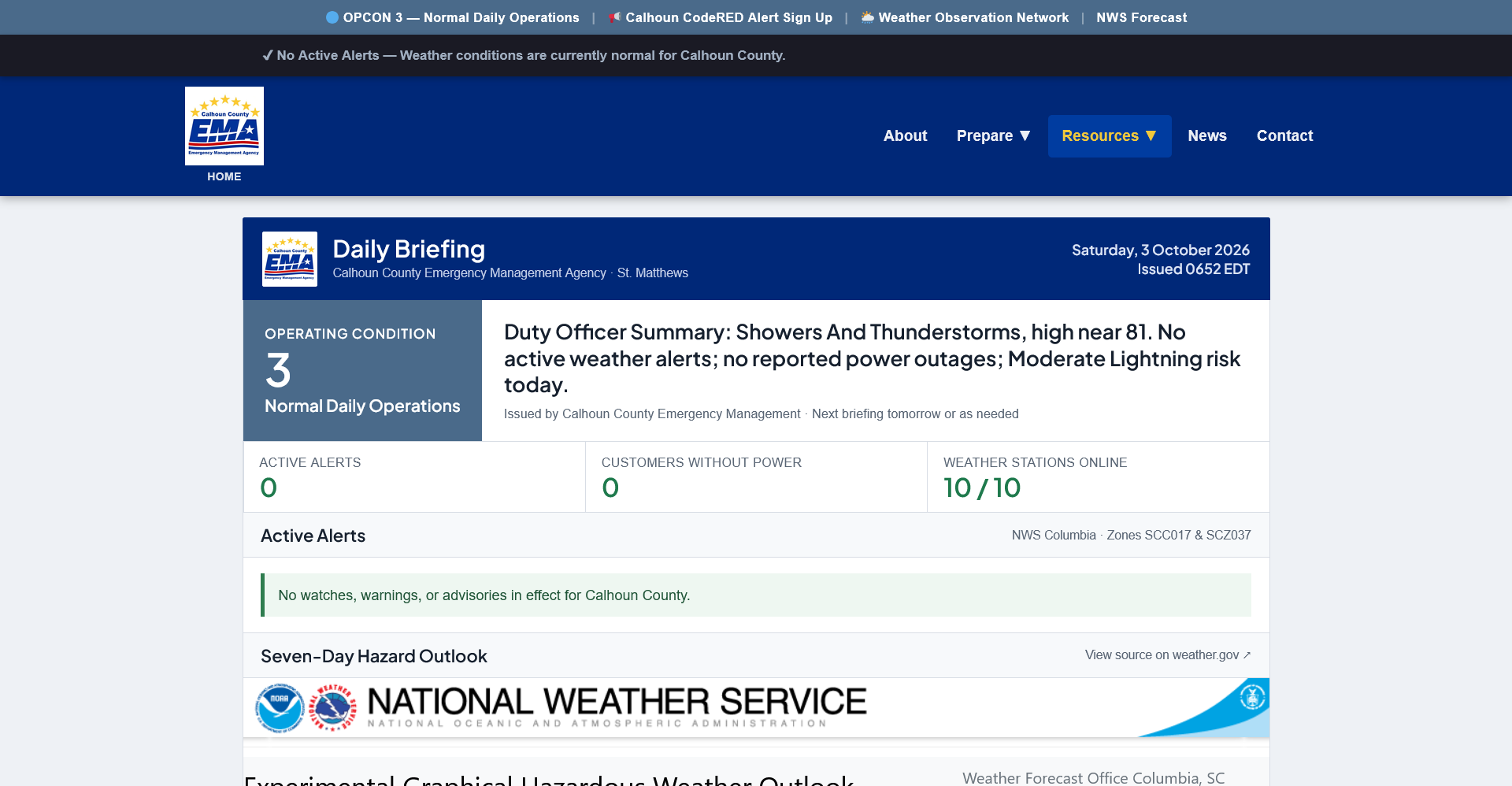Daily Briefing dashboard on calhounema.com